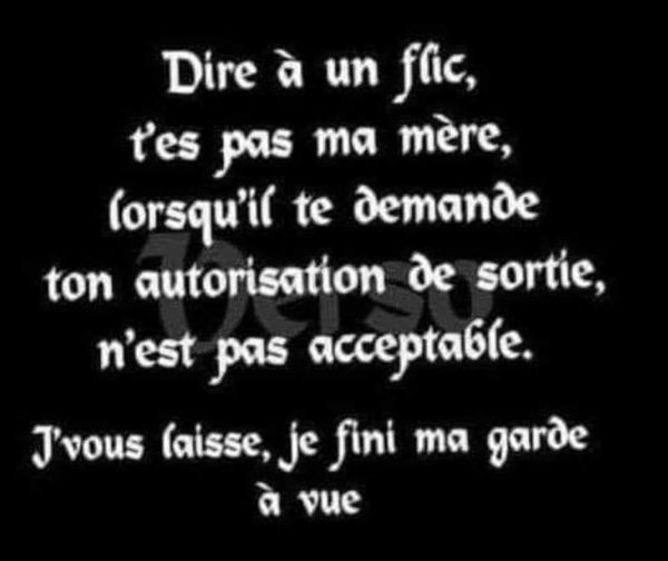 Blague   Citation    dire à un flic t'es pas ma mère lorsqu'il te demande ton autorisation de sotie n'est pas acceptable   je vous laisse je fini ma garde a vue