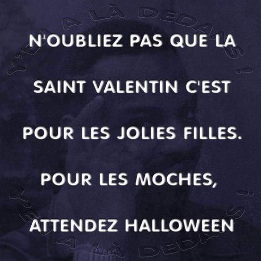 Blague   Citation   n'oubliez pas la saint valentin c'est pour les jolie filles pour le smoches attendez halloween