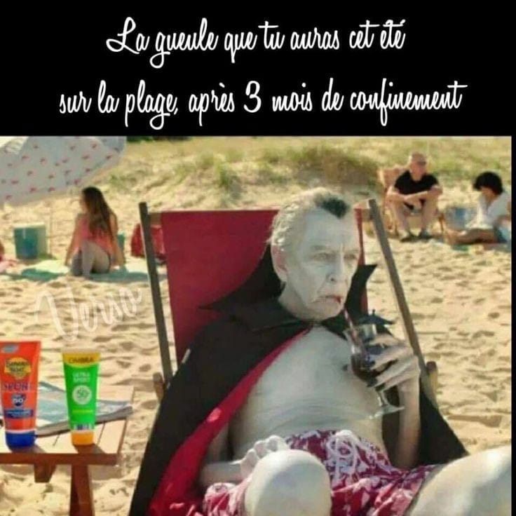 Blague   caricature   vampire qui boit à la paille son verre   la gueule que tu auras cet été sur la plage après 3 mois de confinement