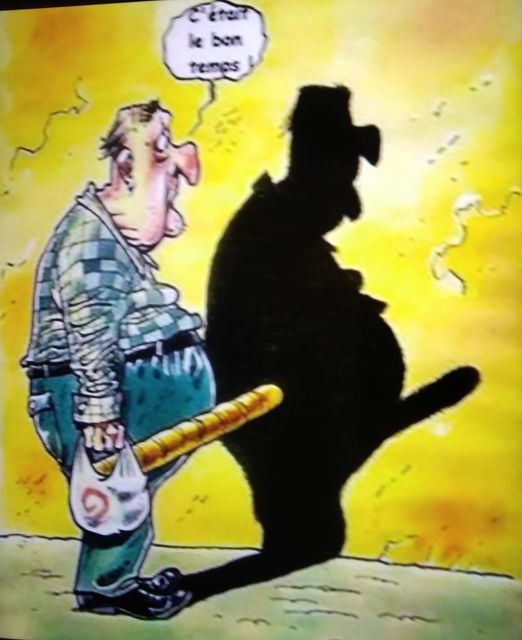 Blague   carricature   ombre d'un homme où on dirait qu'il a une grande bite et le vieux dit en regardant l'ombre   c'était le bon temps