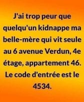 blague   j'ai trop peur que quelqu'un kidnappe ma belle mère qui vit seule