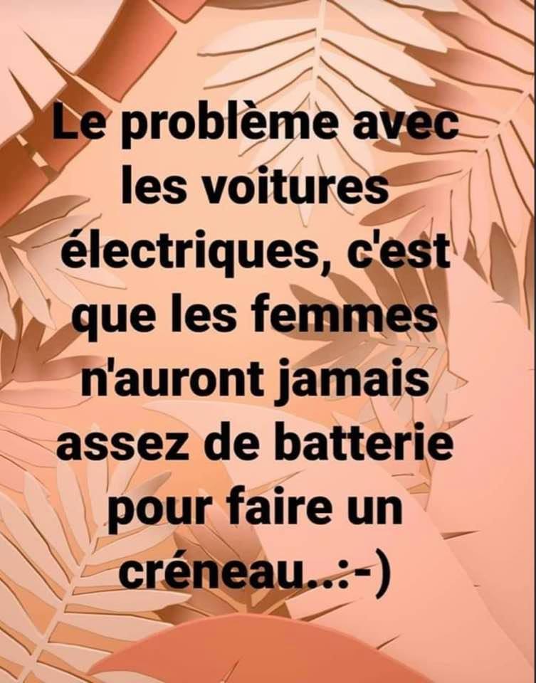 Blague   le problème avec les voitures électrique c'est que les femmes n'autront jamais assez de baterie pour faire un créneau