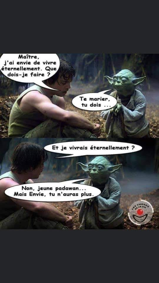 blague   lukeskywalker dit à yoda j'ai envie de vivre éternelement que dois je faire yoda répond te marier tu dois et luke dit pour pourquoi