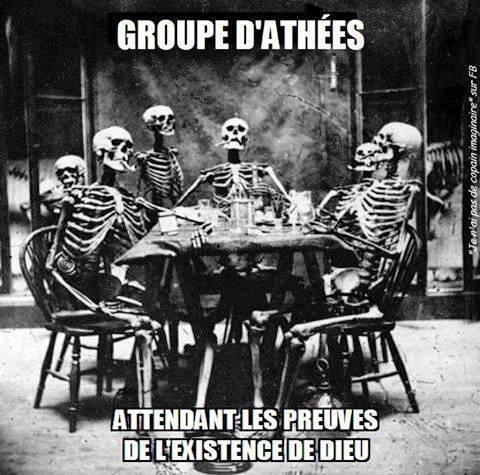 Blague   mort   Caricature   groupe d'athées   attendants le spreuves de l'existence de Dieu