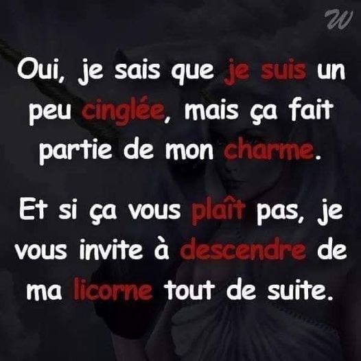 Blague   oui je sais que je suis un peu cinglée, mais ça fait partie d emon charme   et si ça vous plait pas, je vous invite de descendre de ma licorne