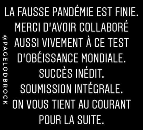 Blague   test la fausse pandemie est finie merci d'avoir collaboré à ce test d'obéissance civil succès inédit soumission intégrale on vous tient au courant pour la suite
