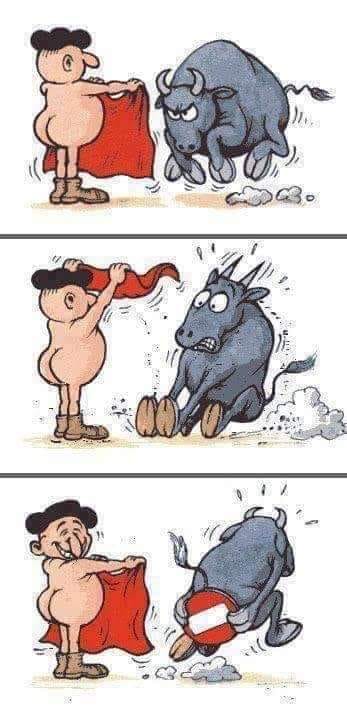 Blague   torero tout nu toreau qui veux lui foncer dessus et torero qui montre sa bite ett taureau qui prend peur et s'enfui