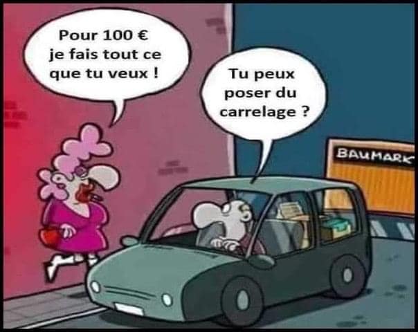 Blague   un homme en voiture s'arrête près d'une prostitué et elle dit pour 100 euro je fais ce que tu veux  et l'homme dit tu peux poser du carrelage