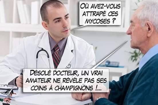 Blague   un médecin dit ou avez vous attrapé ces mycoses et le patient dit docteur un vrai amateur ne révèle jamais ses coins à champignons