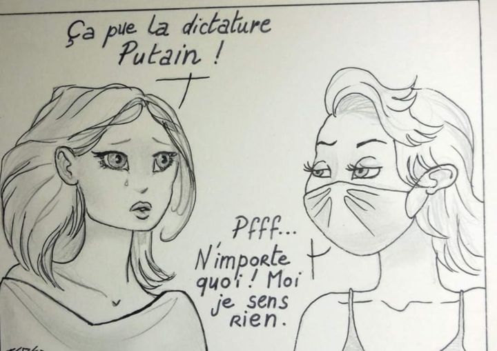 Blague   une femme dit ça pue la dictature et la femme masqué répond n'importe quoi je ne sens rien