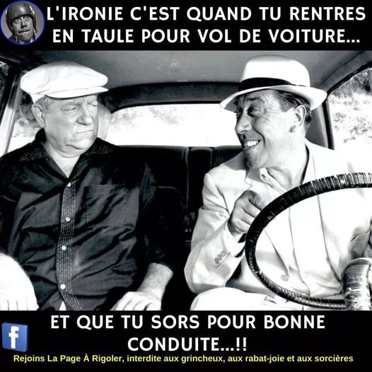 Blague   jeux de mot   prison   l'ironie c'est quand tu rentres en taule pour vol de voiture   et que tu sors pour bonne conduite