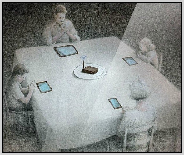 Technologie   caricature   wi fi au milieu de la table et chaque personne avec une tablette