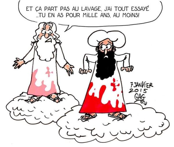 Caricature    Dieu dit et ça part pas au lavage j'ai tout essayé tu en a pour 1000 ans  au moin en parlant du sang