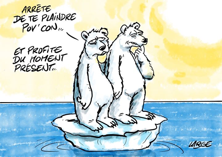 Caricature   2 ours sur un glaçon  et l'un dit   arrête de te plaindre pauvre con et profite du moment présent