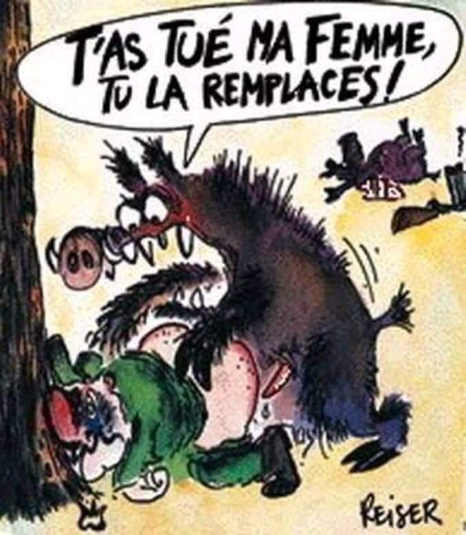 Caricature   chasse   dessin   t'as tué ma femme tu la remplace   sanglier qui encule un chasseur