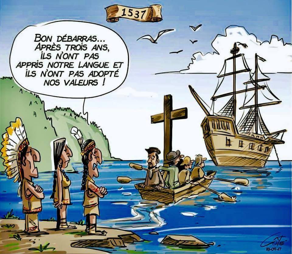 Caricature   Histoire   1537   les colons repartent   les indens disent en 3 ans ils n'ont pas appris notr elangue ni notre culture