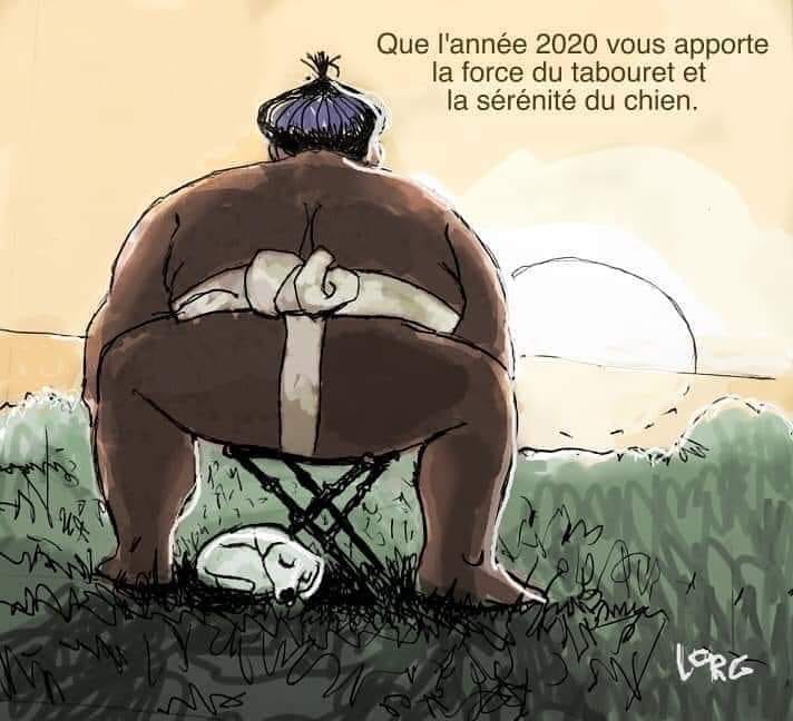 Caricature   divers   sumo sur chaise   que l'année 2020 vous appote la force du tabouret et la sérénité du chien