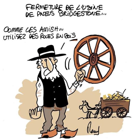 Caricature   entreprise   pneu   fermeture d el'usine bridgestoone   utiliser des roue en bois
