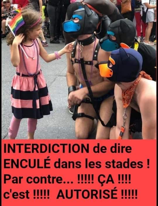 Caricature   gay pride interdiction de dire enculé dans les stades par contre ça c'est autorisé   pd a poil attaché  dans la rue en tenu de chien