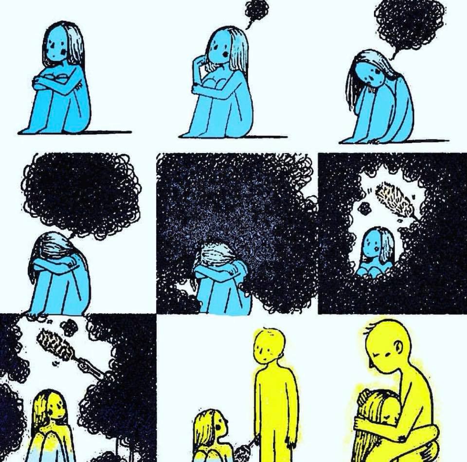 caricature   dessin   femme aec penser négative et homme de lumière qui l'éclaire