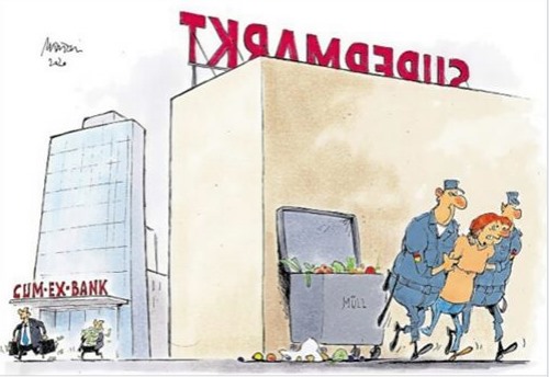 caricature   homme qui braque la banque légalement et femme qui se fait arrêter pour avoir fait les poubelles