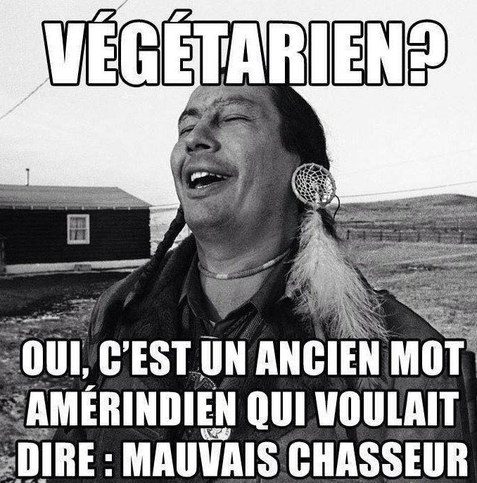 Caricature   jeux de mot   végétarien   l'indien dit un ancien mot qui veu dire mauvais chasseur