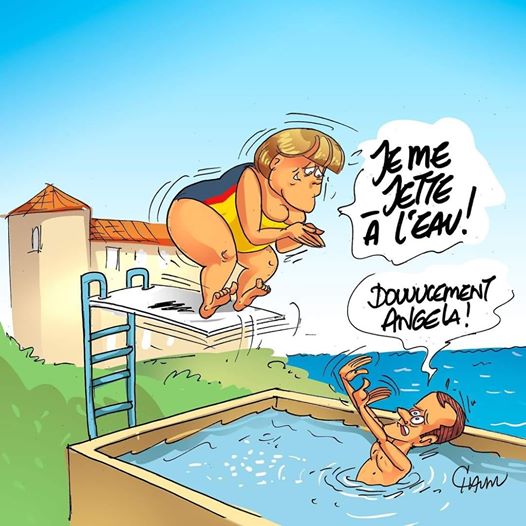 Caricature   macron et angela Merkel en vacance au fort de brégançon