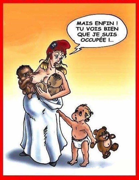 Caricature   marianne qui allaite bébé africain et bébé qui demande de l'aide et lui dit tu vois bien que je suis occupé