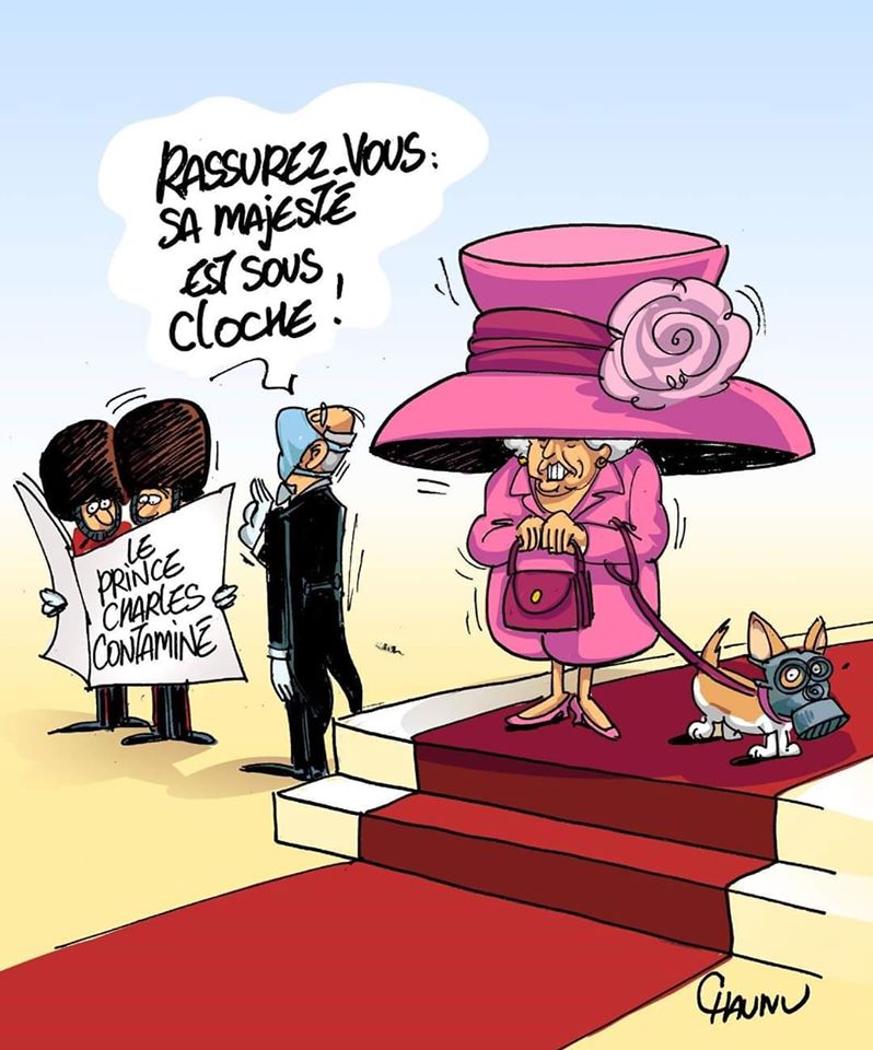 Caricature   ne vos inquiété pas la reine est sous cloche   le prince charle contaminé