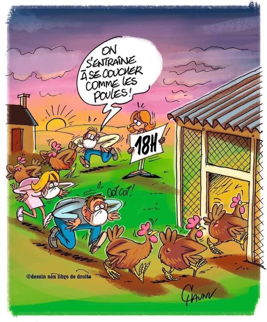 Caricature   on s'entraine à se coucher comme les poulent