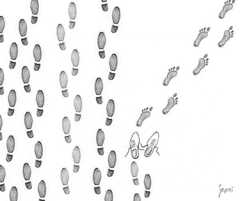 Caricature   personne qui quitte la  file se sépare du groupe