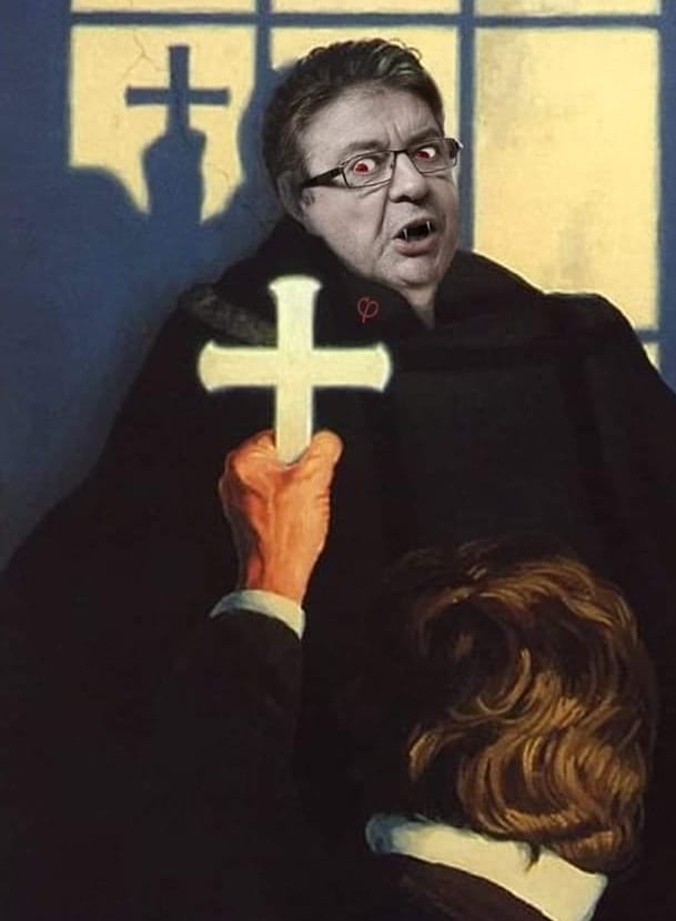 Caricature   politiqu   mélenchon en vampire face à une croix