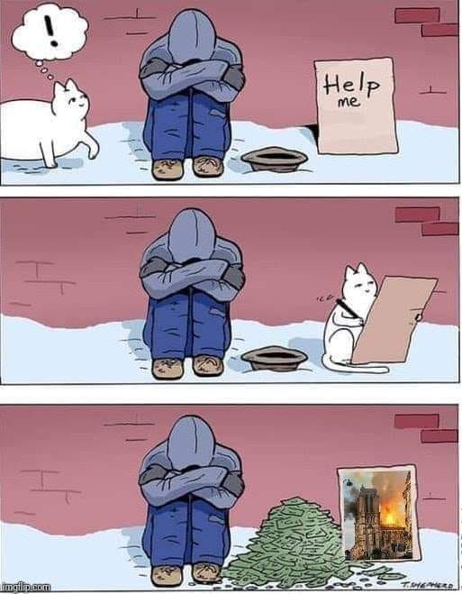 Caricature   sdf mendiant   ecrit sr carton helpme puis le photo de notre dame