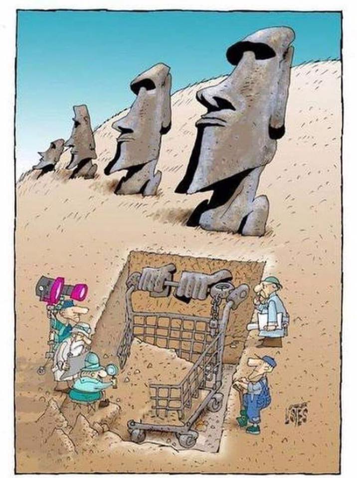 Caricature   statue de l'ile de paque detérré avec cadie dans les mains