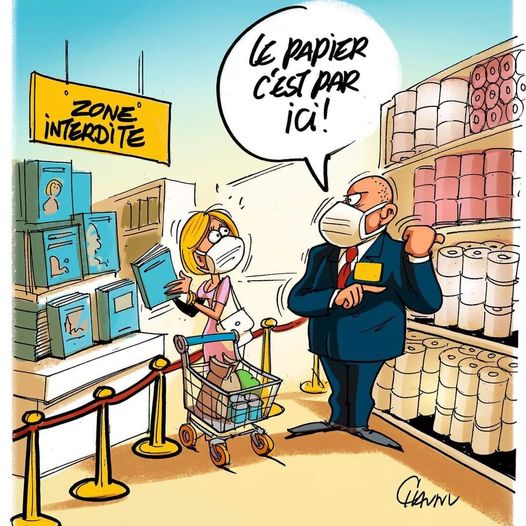 Caricature   supermarché   PQ   livre   le papier c'est par içi