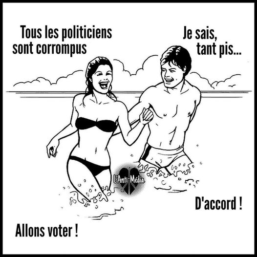 Dessin   Caricature   femme qui dit tous les politicens sont corrompus   je sais tant pis   allons voter   d'accord