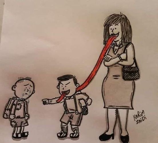 Dessin   caricature   enfant et sa mère enfant qui répète et qui parle avec la langue de vipère de sa mère