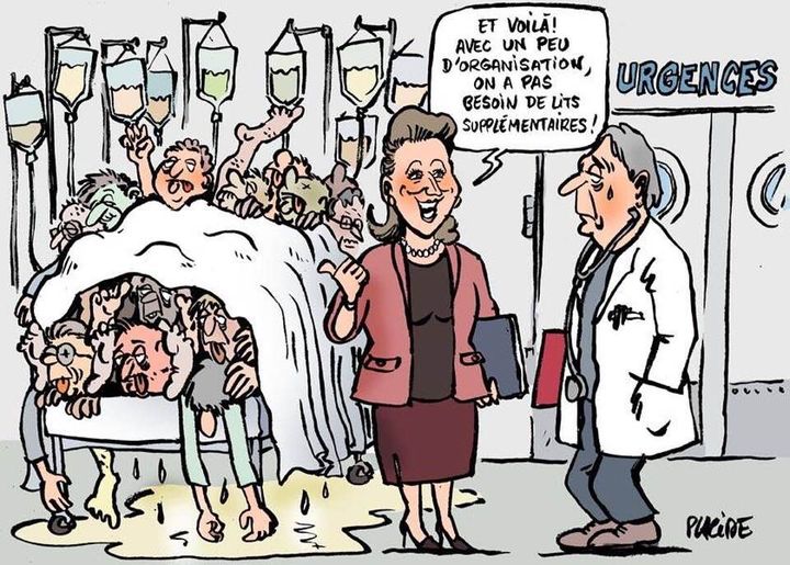 Dessin   caricature   hopital   urgence   mort   plein de clients=patients entasser sur un lit