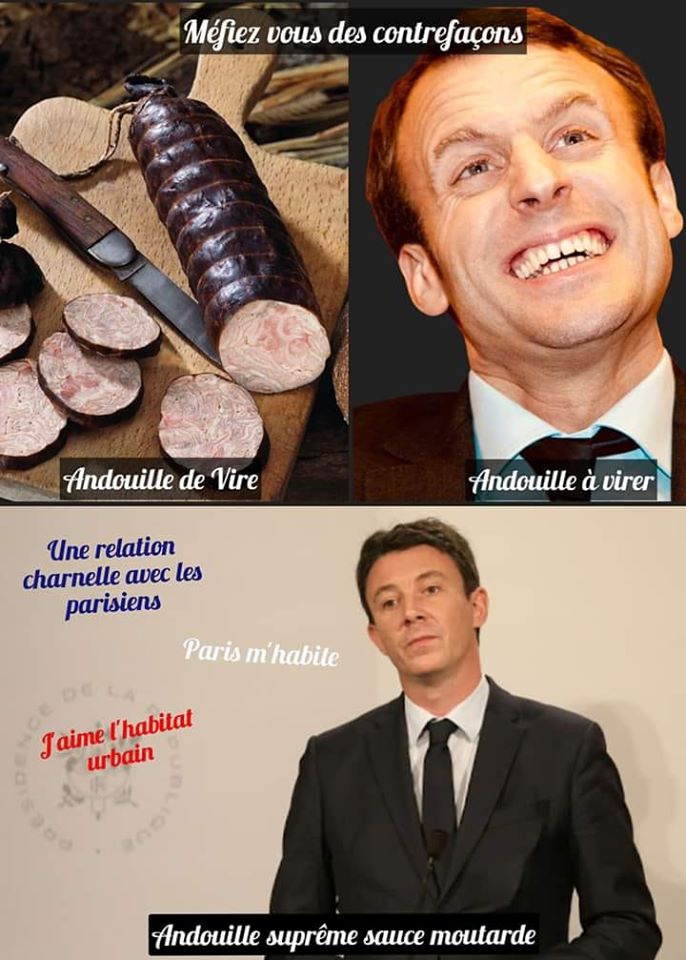 Macron   caricature   andoille de vire et andouille à virer