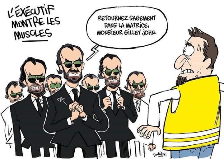 Matrix   caricature   gilet jaune   l'executif montre ses muscles   gilets jaunes retournée sagement dans la matrice