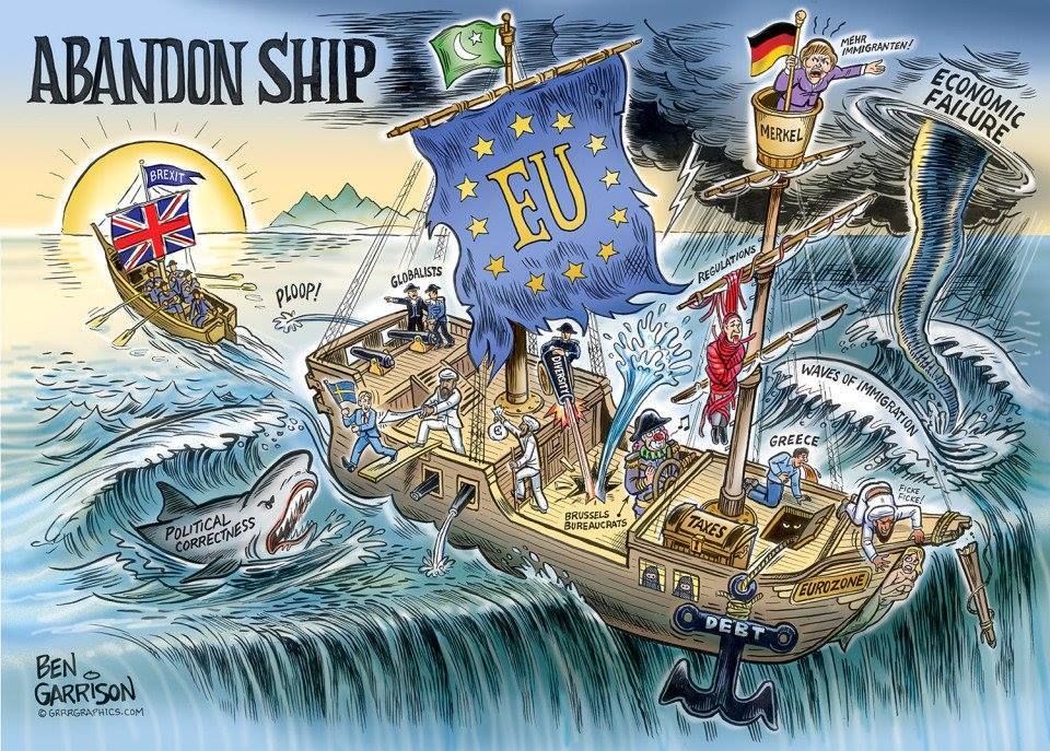 Politique   caricature   bateau union européene qui va un gouffre et bateau anglais qui s'échappe